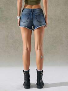 LYSMO Short en jean ample déchiré et effiloché avec poches, style décontracté pour femme - Bleu azur - Voir 2