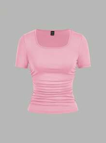 SHEIN EZwear 4件套休闲简约纯色方领短袖T恤女上衣，黑色、粉色、灰色、白色，适合春夏季