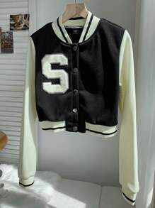 Comfortcana Letter Patched Crop Varsity Jacket - Black and White - View 6