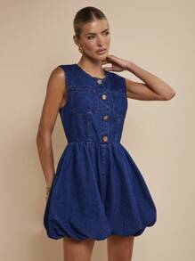 COSMINA Women's Sleeveless Woven Denim Bubble Dress Short Blue Jean Dress With Unique Balloon Silhouette