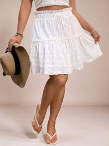 SHEIN VCAY Plus Size White Textured Mini Skirt,Summer All-Season Boho Casual Beach Holiday,Patchwork Graduation Brunch St Patrick Rave Festival Elegant Western - White - View 3