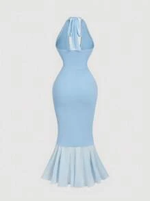 SHEIN MOD 荷叶边修身抽绳蝴蝶结网眼连衣裙 - 淺藍色 - 查看 2