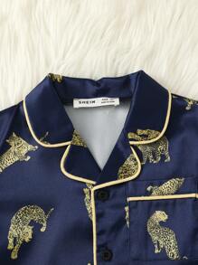 2pcs/Set Toddler Boys' Simple & Fashion Casual Tiger Print Short Sleeve T-Shirt And Shorts Underwear Set