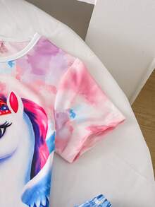 2pcs/Set Young Girls Fashion Casual Unicorn Print Short Sleeve Crew Neck T-Shirt + Print Denim Look Pants Set, 2 Colors - Multicolor - View 3