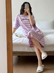 DAZY 女士字母印花条纹宽松T恤连衣裙家居服，Moo Moo 睡衣 - 紫色 - 查看 6