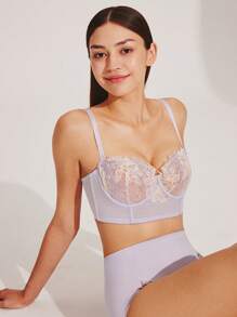 LUVLETTE 女人刺绣优雅内衣透气半罩杯文胸钢圈性感无衬里网眼蕾丝紫色束身衣缩小长线文胸新娘内衣 - 紫色 - 查看 13