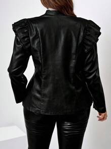 SHEIN Clasi Plus Size Women's Solid Color Simple Daily Long Sleeve Zip Up Jacket, For Winter Fall Autumn - Black - View 2