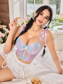 FloralLove Camisola romántica de parches de encaje con tirantes de atar