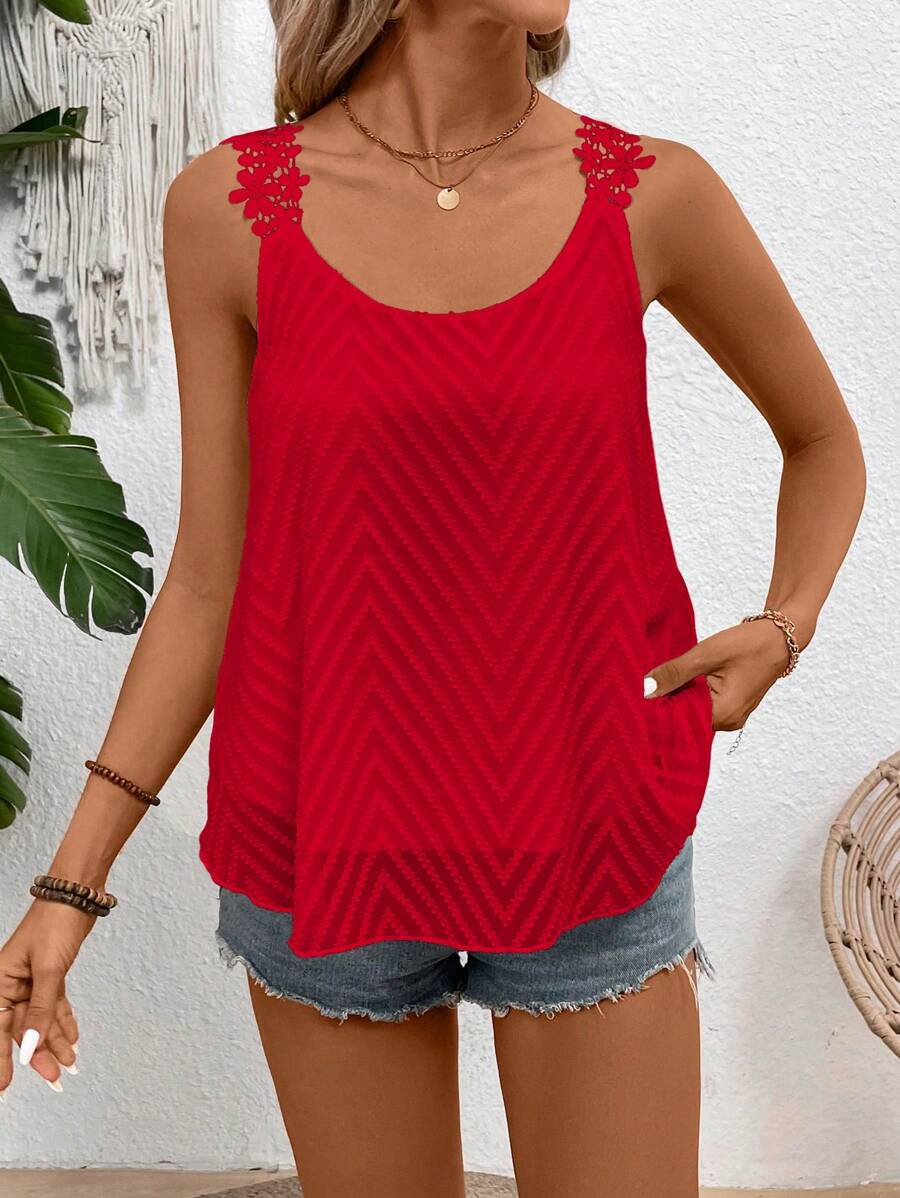 Breezaya Women Lace Trim Chiffon Jacquard Cami (Floral Pattern Random Cut) - Red - View 1