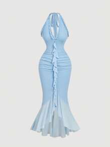 SHEIN MOD 荷叶边修身抽绳蝴蝶结网眼连衣裙 - 淺藍色 - 查看 1