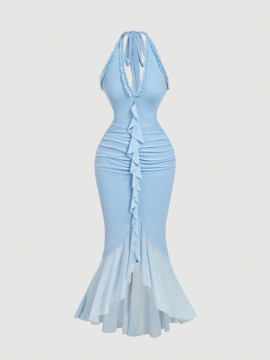 SHEIN MOD 荷叶边修身抽绳蝴蝶结网眼连衣裙 - 淺藍色 - 查看 1