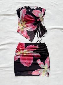 Soleia 针织网眼浪漫黄色底粉色花卉露肩抽绳上衣和修身开衩下摆短裙 2 件套，女士浪漫休闲假日装，适合派对、海滩、夏季