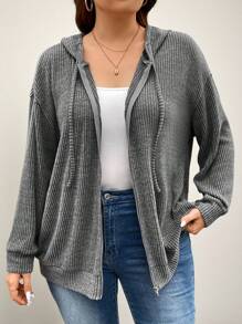 SHEIN LUNE Áo nỉ dáng rộng vai rớt có dây rút, thích hợp cho mùa xuân và thu, đi du lịch sân bay, lễ tốt nghiệp, tựu trường, đồng phục giáo viên mùa đông thu. - Xám - Xem 2