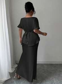 Elenzga Plus Size Women's Black Summer Elegant Formal Evening Dress,Satin French Style Luxurious V-Neck Wrap Waist Fishtail Hem Long Dress For Office,Party - Black - View 2