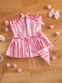 Set de 2 camisones sexy para damas con volantes, detalle de lazo, y diseño cruzado con tirantes, en satén - Rosa - Ver 4