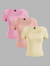 SHEIN EZwear 3pcs/Set Women Short Sleeve Cropped Fitted Casual T-Shirts, Suitable For Summer Suitable For Going Out
