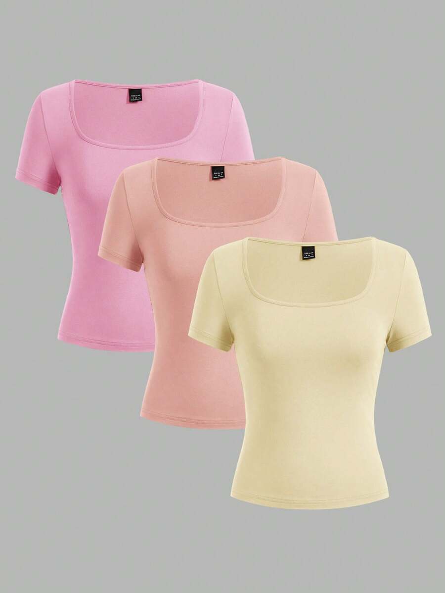 SHEIN EZwear 3 件套女士短袖短款修身休闲 T 恤，适合夏季 - 彩色 - 查看 1