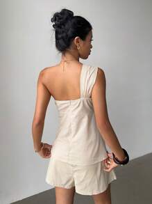 Siren Gaze Bộ 2 món vải lanh thiết kế thắt nút xoắn mùa hè mới cho nữ - Màu be - Xem 2