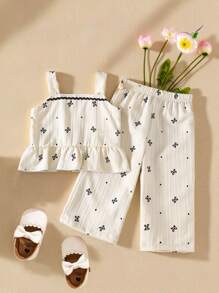 Souflis Souflis Baby Girl Summer Spaghetti Strap Ruffled Bow Polka Dot Print Top And Pants Set
