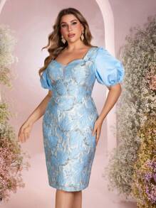 SHEIN Belle 加大码优雅浪漫海军蓝深 V 心形领缎面提花拼布泡泡袖婚纱，适合派对穿着 - 藍色 - 查看 6