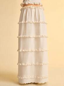CAJUNI Women's Solid Color Elastic Waist Ruffle Hem Skirt - White - View 2