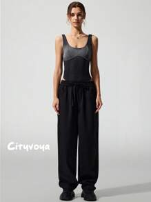 Menodora SHEIN Sport Pantalones largos casuales y sueltos de unicolor tejidos para mujeres - Negro - Ver 2