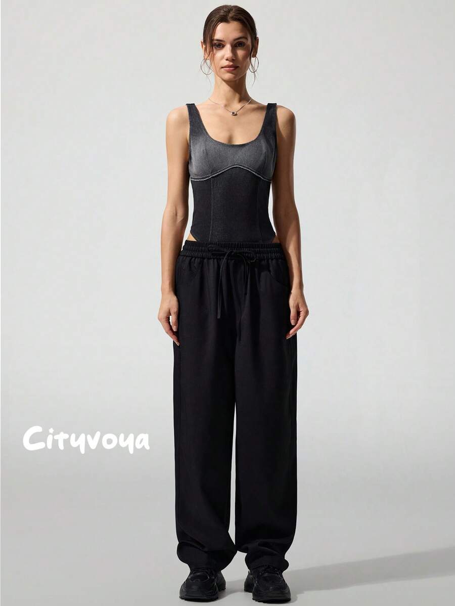 Menodora SHEIN Sport Pantalones largos casuales y sueltos de unicolor tejidos para mujeres