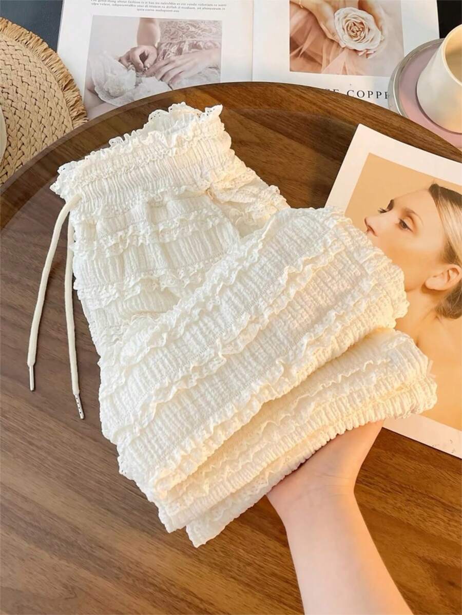 SHEIN Clasi 女式 2025 夏季法式复古荷叶边修身直筒长裤休闲裤