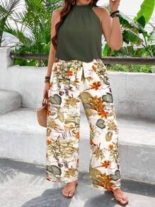 Breezaya Plus Size Solid Color Sleeveless Top & Long Pants 2 Pieces Set, Fashionable For Summer