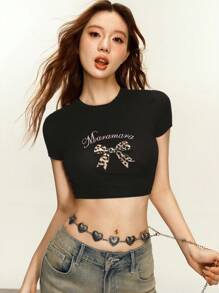 INAWLY Camiseta corta de mujer de corte ajustado con estampado de leopardo, lazo y bordado de letras, para uso casual en verano - Negro - Ver 3