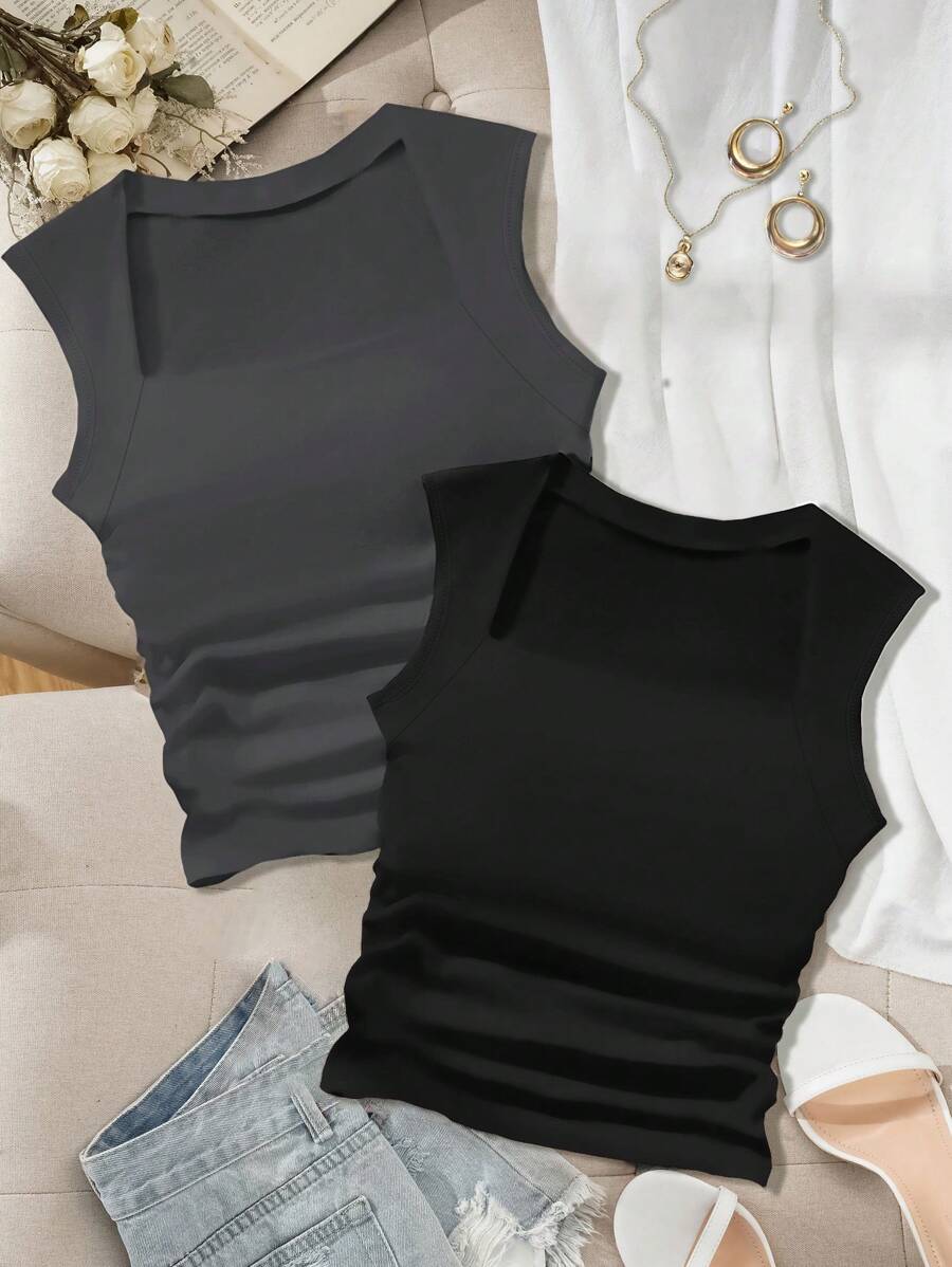 SHEIN Essnce 2 Pcs/Set Casual Minimalist Plus Size Women Thick Strap Drawstring Waist Tank Top, Suitable For Summer, Spring Break - Multicolor - View 1