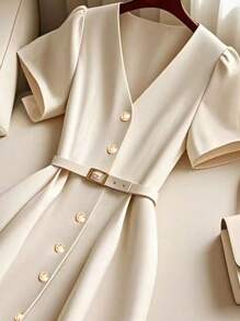 Franclia Vestido longo vintage elegante com decote em V casual e manga curta para mulheres