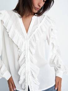 Maija 2025 Blusa Elegante com Decote em V, Manga Longa e Babado para Mulheres, Adequada para Férias de Primavera/Verão, Mês do Orgulho, Design Elogioso e Versátil, Confortável de Usar. Verão Branco para Mulheres, Férias na Praia, Aniversário, Professores, Férias de Verão, Verão Europeu, Praias para Mulheres, Férias na Praia - Branco - Visão 3