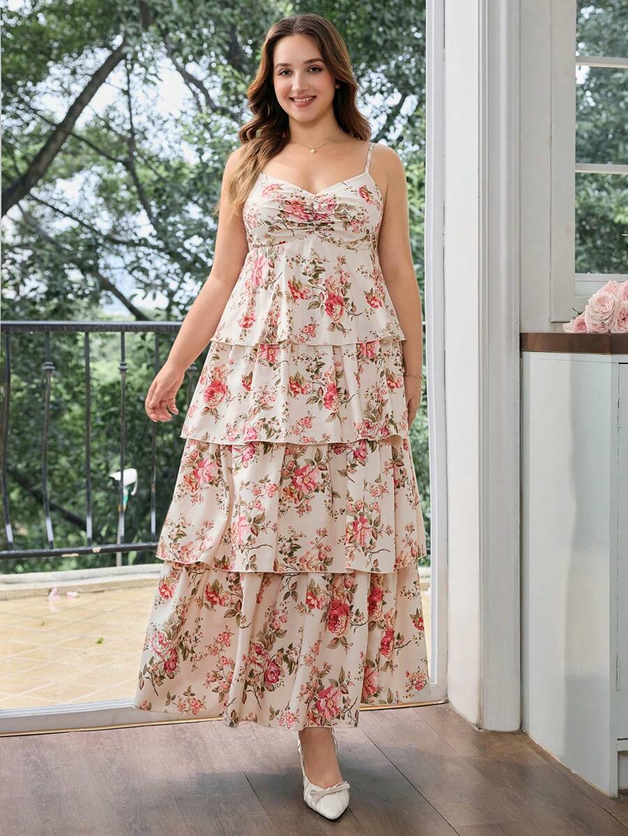SHEIN MOD Plus Size Vintage Elegant Palace Style Floral Multi-Layer Ruffle Hem Slip Dress.Tea Party Dress.Women Summer Clothing.Women Dresses Elegant Gown.Garden Party Dress,Vacation Dresses,Floral Dress Women,Country,Vintage,Fall,Birthday Dresses For Women,Festival Outfits For Women, ,Dresses For Women,Birthday Dress