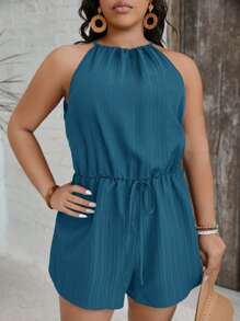 SHEIN VCAY 大码女式纯色腰带吊带连体裤 - 水鴨藍 - 查看 6