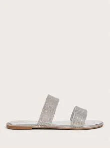 CUCCOO TILAWA Sandale plate casual cu strasuri pentru femei, la modă, cu vârf rotund, la modă, pentru exterior, argintii, confortabile