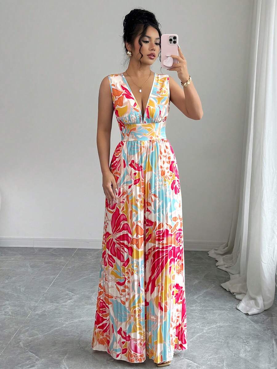 Rafferiza 女士优雅度假褶皱纹理深 V 连体衣，夏季 - 彩色 - 查看 1