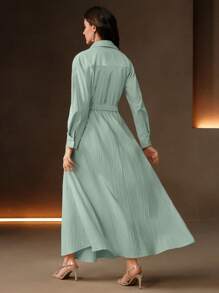 Anewsta Elaire Spring, Festival, Holiday, Vacation Elegant Loose Fitting Vintage Studded Waist Drop Shoulder Shirt Dress For Women