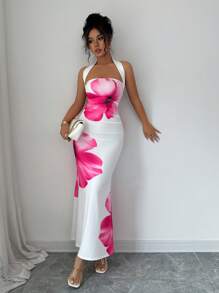 Elenzga Women's 2025 Summer Halter Tie Waist Fitted Midi Floral Print Dress