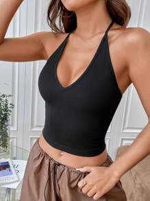 SHEIN EZwear Summer Sexy Solid Backless Crop Halter Top - Black - View 5