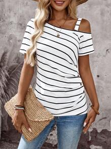 EMERY ROSE 女士度假不对称肩部外出乡村演唱会可爱夏季T恤夏季