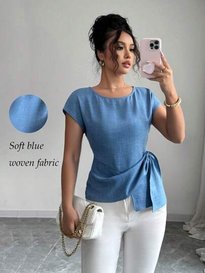 Selianne Camisa azul de mujer para el verano, de material suave, con cuello redondo, manga corta tipo murciélago, bajo asimétrico, diseño sencillo y holgado, ideal para uso casual, viajes y vacaciones