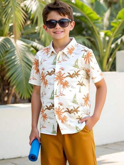 SHEIN Tween Boy Casual Fashion Holiday Orange Palm Tree Shirt & Shorts Set, vår/sommar