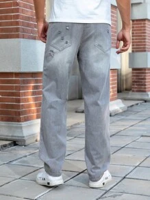 Manfinity Homme Plus Size Men's Pocket Distressed Straight Loose Casual Versatile Denim Jeans Men Streetwear Jeans