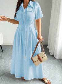 Elenzga Vestido camisero de talla grande con manga corta, cuello y abotonadura sencilla hasta la mitad del muslo, en estilo francés. Vestidos de verano elegantes para mujeres, vestidos de trabajo y cumpleaños, ropa de verano para mujeres - Azul - Ver 6