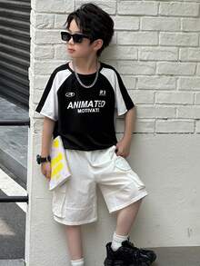 Dazy Kids Boys Kids Fall Outfit Set: Crew Neck Knit Printed T-Shirt + Shorts - Black and White - View 8