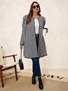 SHEIN Clasi Women's Plus Size Houndstooth Printed Minimalist Daily Jacket Winter Fall Autumn - Black and White - View 5