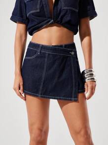 Denimoi Solid Wash Contrast Stitch Denim Skort - Dark Wash - View 5