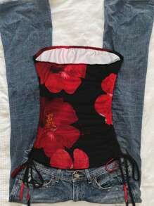 Attitoon Top halter con fruncido y lazo delantero, con estampado floral tropical rojo y negro