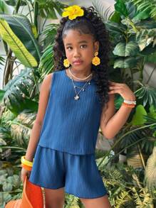 Conjunto de 2 piezas para niña preadolescente con top azul casual de cuello redondo con textura y lazo en la espalda, y shorts a juego